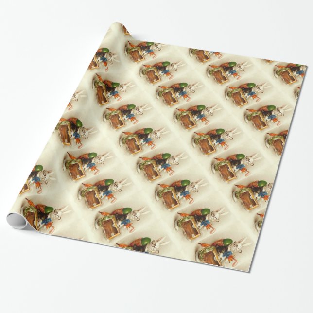 WHITE RABBIT TRAVELING WITH EASTER EGG WRAPPING PAPER (Unrolled)