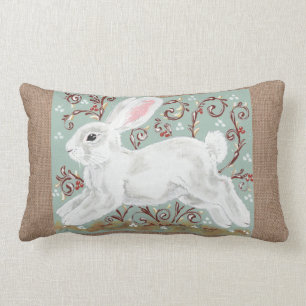 White Rabbit Vines Berries Green, Burlap Pillow
