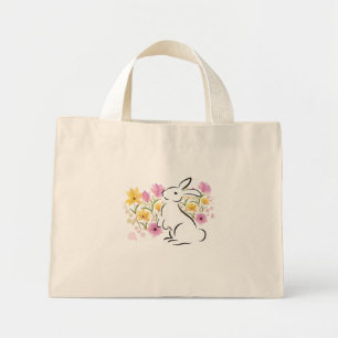 White Rabbit Watercolor Flowers Purple Easter Mini Tote Bag