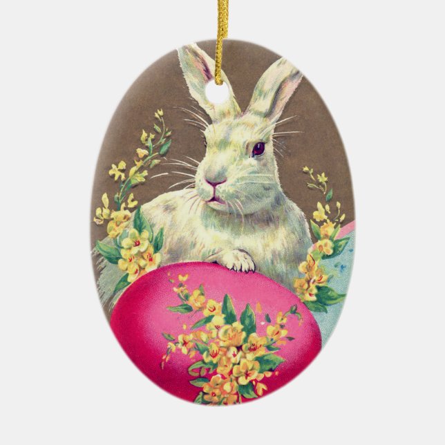 WHITE RABBIT WITH EASTER EGG AND SPRING FLOWERS CERAMIC TREE DECORATION (Front)