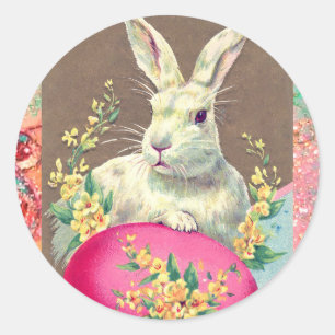 WHITE RABBIT WITH EASTER EGG AND SPRING FLOWERS CLASSIC ROUND STICKER