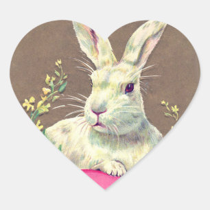 WHITE RABBIT WITH EASTER EGG AND SPRING FLOWERS HEART STICKER