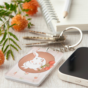 White Rabbit With Flowers Key Ring