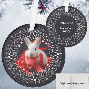White rabbit with red ribbon on Black Holiday Ornament
