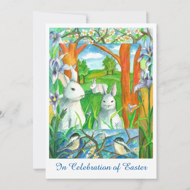 White Rabbits Chickadee Birds Easter Brunch Invitation (Front)