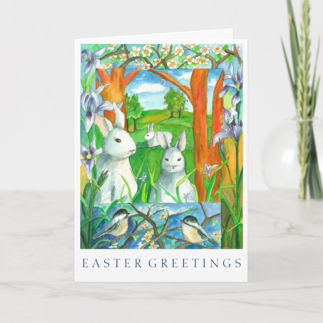 White Rabbits Chickadee Birds Happy Easter Holiday Card (Front)
