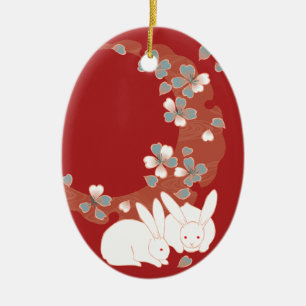 White Rabbits Japanese Fine Art Ceramic Tree Decoration