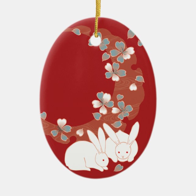 White Rabbits Japanese Fine Art Ceramic Tree Decoration (Front)