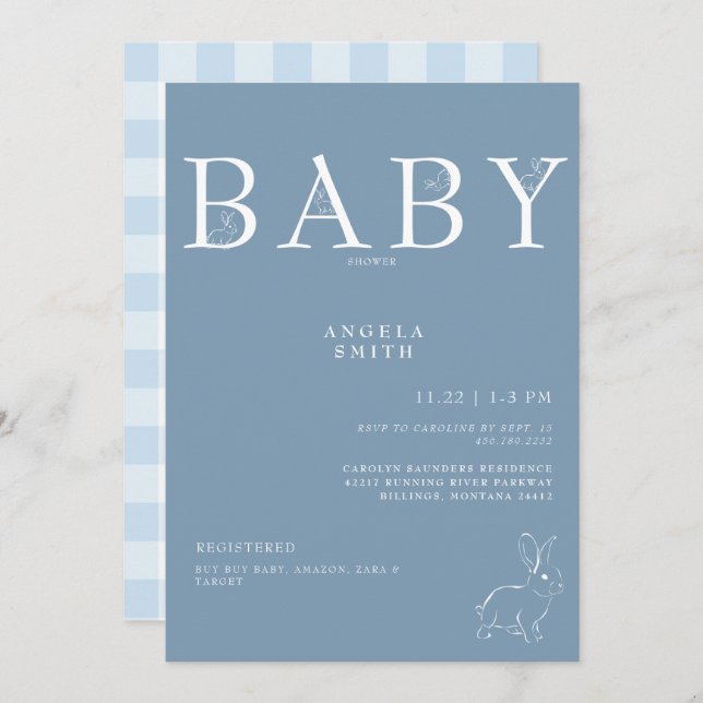 White Rabbits Light Blue Gingham Baby Shower  Invitation (Front/Back)