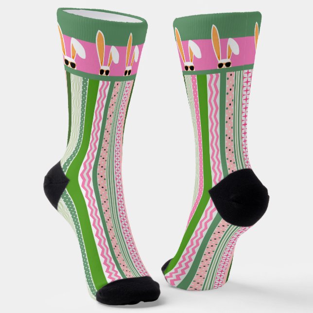 White Rabbits on Pink and Green Stripes, Easter Socks (Angled)