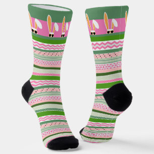White Rabbits on Pink and Green Stripes, Easter Socks