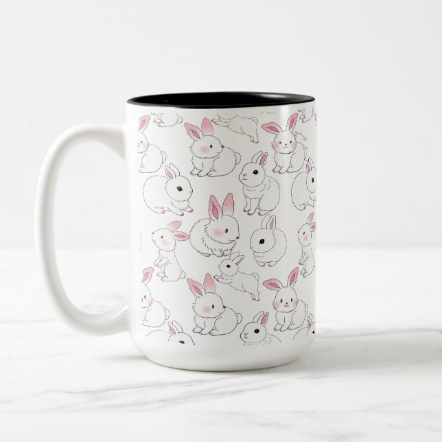 White rabbits pattern 01.bw Two-Tone coffee mug (Left)