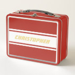 White Racing Stripes Gold Monogram Kids Boys Red Metal Lunch Box<br><div class="desc">Create your own custom, personalised, cool, classy, stylish, classic, white racing stripes design, faux gold typography / script / font monogram monogrammed, modern, chic, adorable, durable food safe tin plate, food contact safe interior material, classic style kids girls boys red metal school lunch box with collapsible black plastic handles. Simply...</div>
