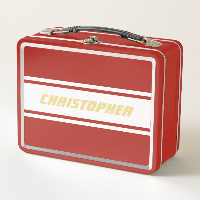 White Racing Stripes Gold Monogram Kids Boys Red Metal Lunch Box (Front)