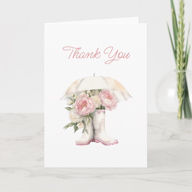 White Rain Boots & Pink Peonies Bridal Shower Thank You Card (Front)