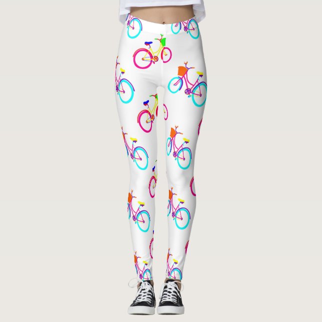white rainbow bikes colourful bicycles leggings (Front)