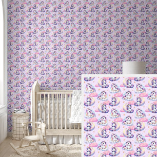 White Rainbow Unicorns & Moon & Stars on Pink  Wallpaper