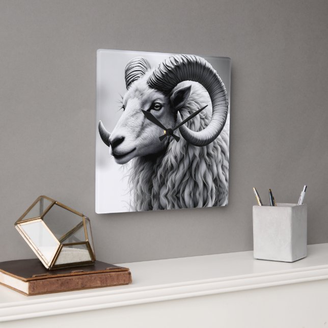 White Ram in Black and White Square Wall Clock (Office)