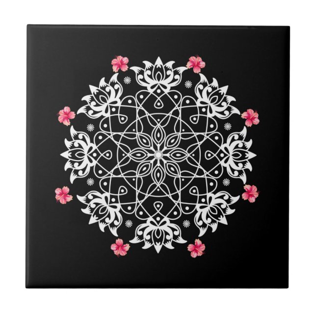 White Rangoli with hibiscus Tile (Front)