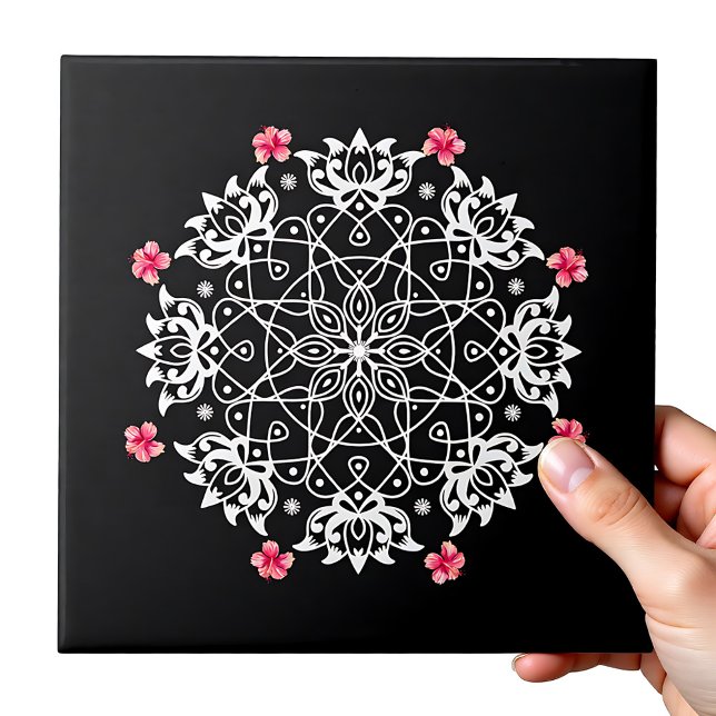 White Rangoli with hibiscus Tile (White Rangoli with hibiscus Ceramic Tile)