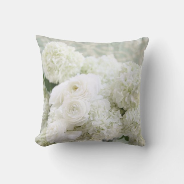 White ranunculus and hydrangeas cushion (Front)