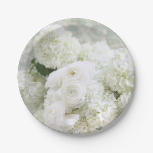 White ranunculus and hydrangeas paper plate
