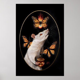 White Rat with Monarch Butterflies Gothic Home Poster