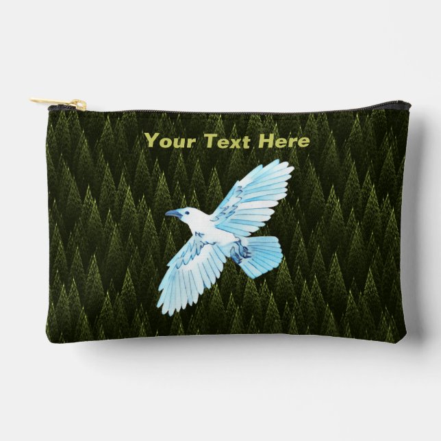 White Raven on Fractal Conifers Accessory Pouch (Front)