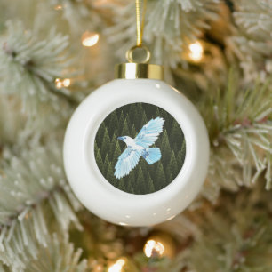White Raven on Fractal Conifers Ceramic Ball Christmas Ornament
