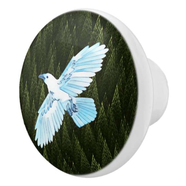White Raven on Fractal Conifers Ceramic Knob (Right)