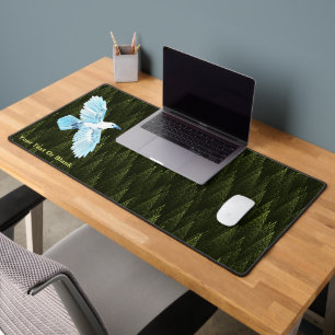 White Raven on Fractal Conifers Desk Mat