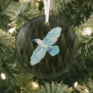 White Raven on Fractal Conifers Glass Tree Decoration
