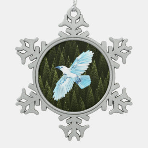 White Raven on Fractal Conifers Snowflake Pewter Christmas Ornament