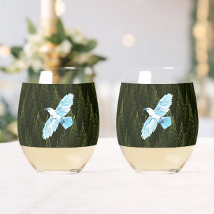 White Raven on Fractal Conifers Stemless Wine Glass