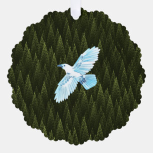 White Raven on Fractal Conifers Tree Decoration Card
