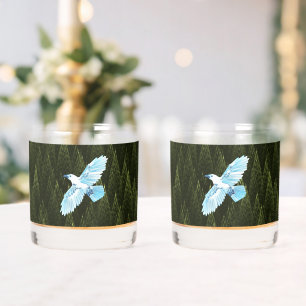 White Raven on Fractal Conifers Whiskey Glass