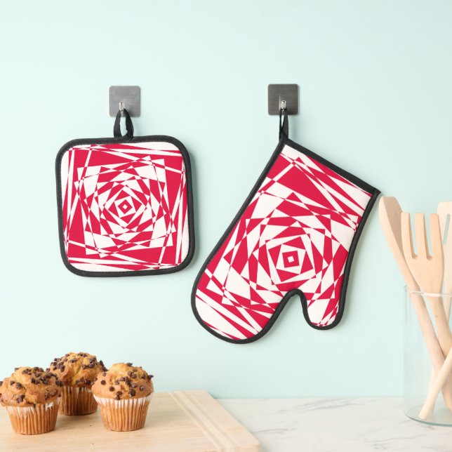 White red abstract illusion  oven mitt & pot holder set (Insitu(Hanging))