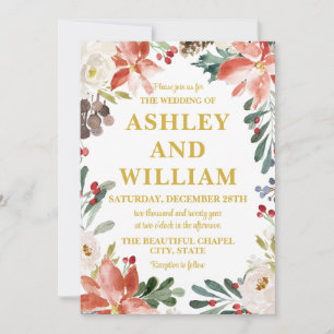 White Red and Gold Chic Christmas Greenery Wedding Invitation