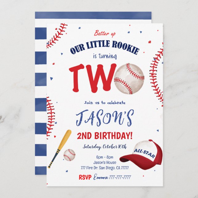 White & Red Baseball Birthday Invitation (Front/Back)