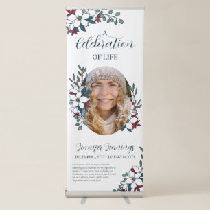 White Red Blue Flowers Photo Memorial Funeral Retractable Banner