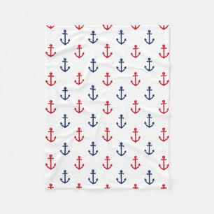 White Red Blue Nautical Anchor Pattern Fleece Blanket
