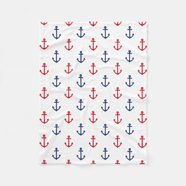 White Red Blue Nautical Anchor Pattern Fleece Blanket (Front)