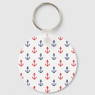 White Red Blue Nautical Anchor Pattern Key Ring
