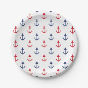 White Red Blue Nautical Anchor Pattern Paper Plate