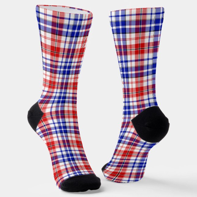 White Red Blue Plaid Tartan Design  Socks (Angled)
