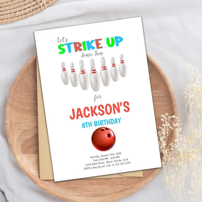 White & Red Bowling Birthday Invitation (White Red Bowling Birthday Invitations)