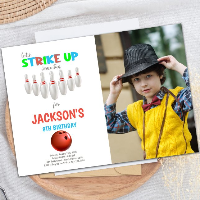 White Red Bowling Birthday Invitations with photo (White Red Bowling Birthday Invitations with photo)