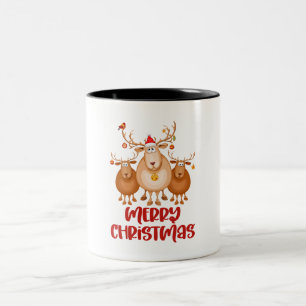 White Red Brown Cute Reindeer Merry Christmas Two-Tone Coffee Mug