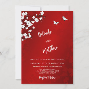 White Red Cherry Blossom Casual Wedding Invitation