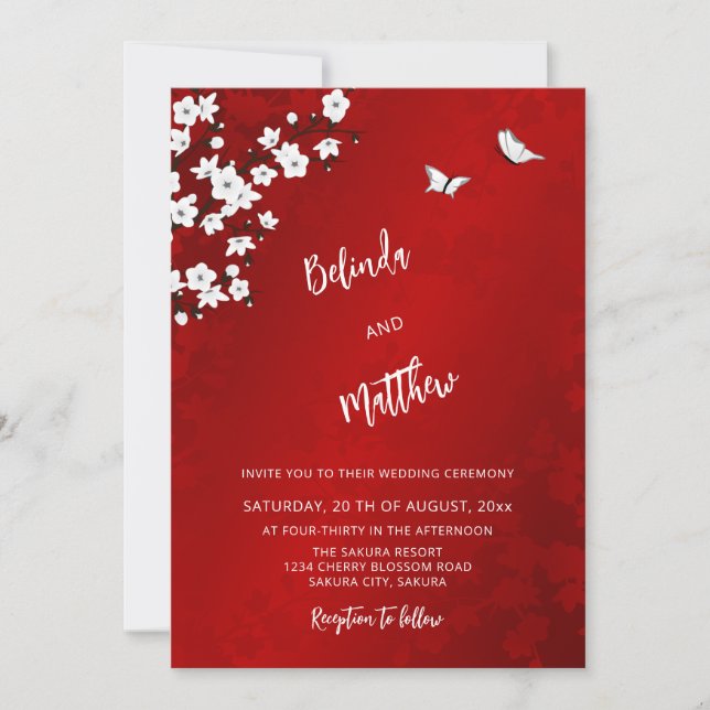 White  Red Cherry Blossom | Casual Wedding Invitation (Front)